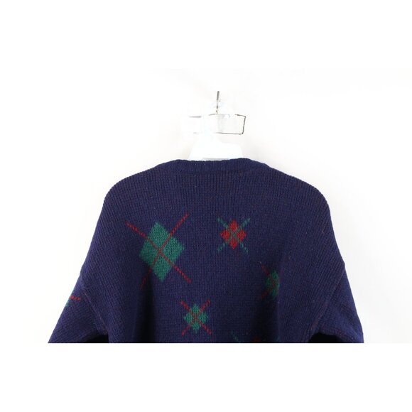 Vintage 70s Streetwear Womens Large Distressed Argyle Wool Ribbed Knit Sweater - Picture 13 of 14